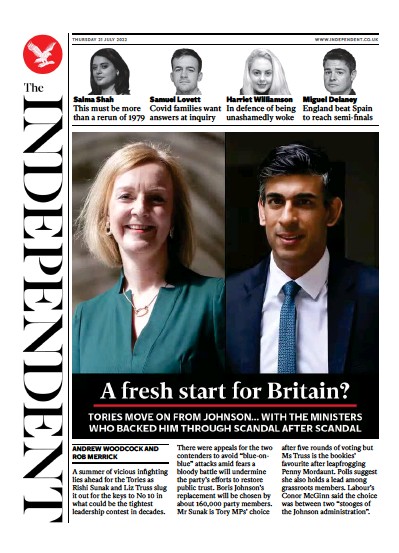 The Independent Newspaper Front Page (UK) for 22 July 2022