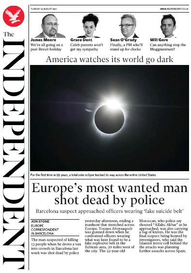 The Independent Newspaper Front Page (UK) for 22 August 2017