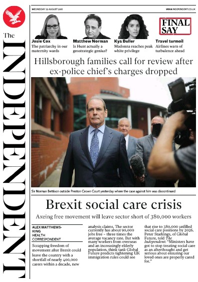 The Independent Newspaper Front Page (UK) for 22 August 2018
