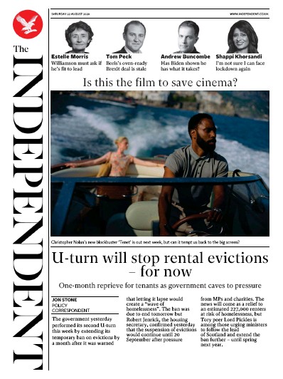 The Independent Newspaper Front Page (UK) for 22 August 2020