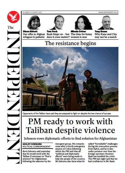 The Independent Newspaper Front Page (UK) for 22 August 2021