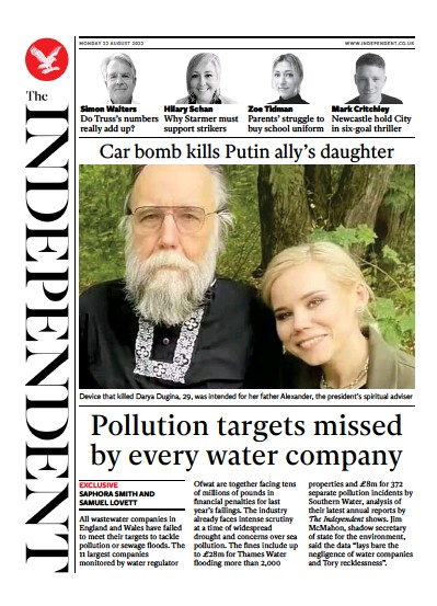 The Independent Newspaper Front Page (UK) for 22 August 2022