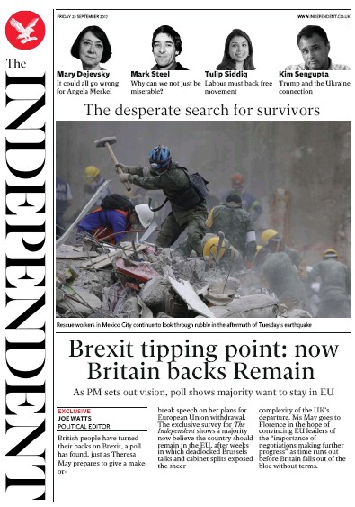 The Independent Newspaper Front Page (UK) for 22 September 2017