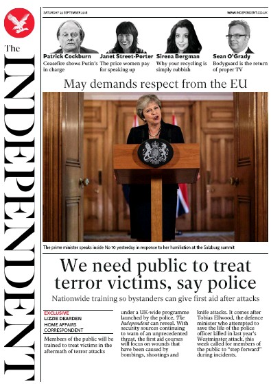 The Independent Newspaper Front Page (UK) for 22 September 2018