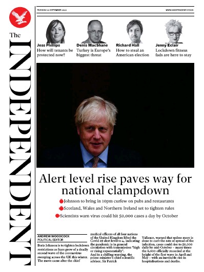 The Independent Newspaper Front Page (UK) for 22 September 2020