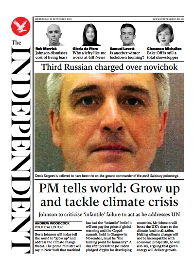 The Independent Newspaper Front Page (UK) for 22 September 2021