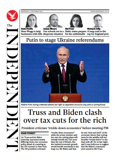 The Independent Newspaper Front Page (UK) for 22 September 2022