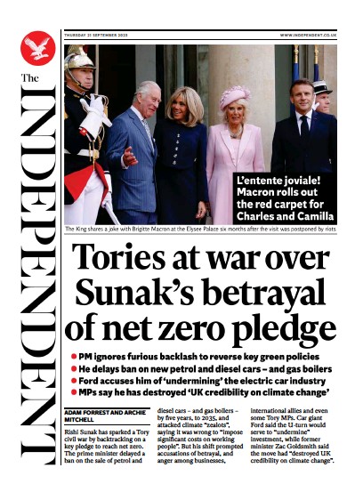 The Independent Newspaper Front Page (UK) for 22 September 2023