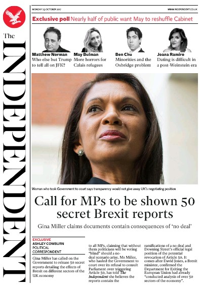 The Independent Newspaper Front Page (UK) for 23 October 2017