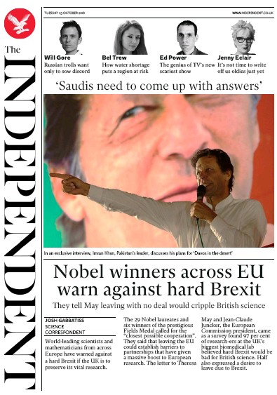 The Independent Newspaper Front Page (UK) for 23 October 2018