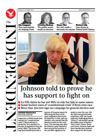 The Independent Newspaper Front Page (UK) for 23 October 2022