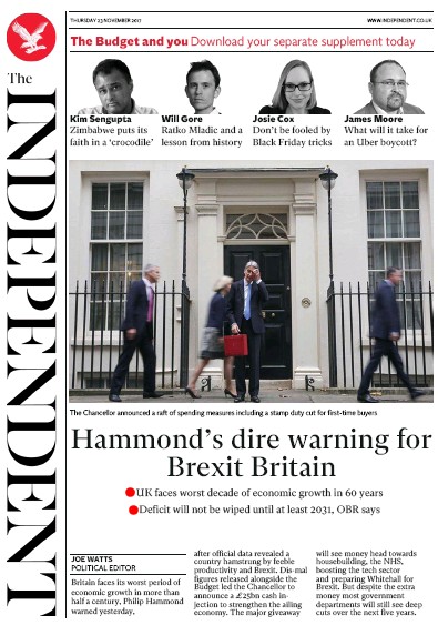 The Independent Newspaper Front Page (UK) for 23 November 2017
