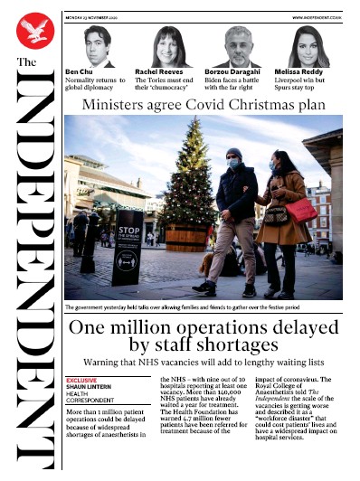 The Independent Newspaper Front Page (UK) for 23 November 2020