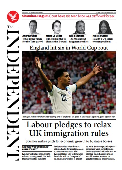 The Independent Newspaper Front Page (UK) for 23 November 2022