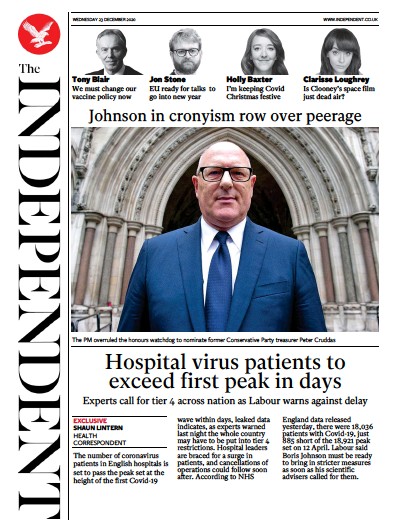 The Independent Newspaper Front Page (UK) for 23 December 2020