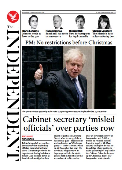 The Independent Newspaper Front Page (UK) for 23 December 2021