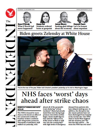 The Independent Newspaper Front Page (UK) for 23 December 2022