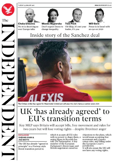 The Independent Newspaper Front Page (UK) for 23 January 2018