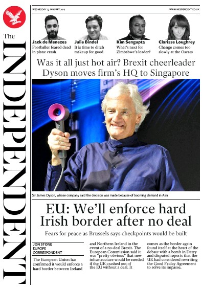 The Independent Newspaper Front Page (UK) for 23 January 2019