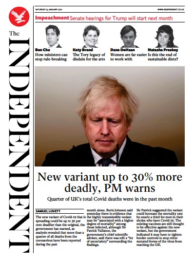The Independent Newspaper Front Page (UK) for 23 January 2021