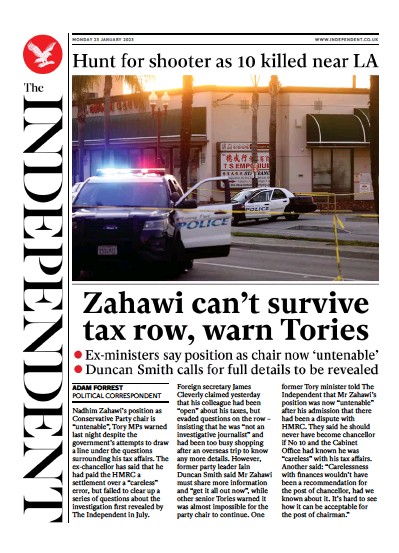 The Independent Newspaper Front Page (UK) for 23 January 2023
