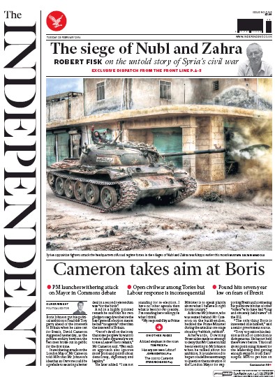 The Independent Newspaper Front Page (UK) for 23 February 2016