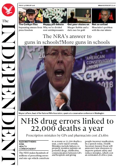 The Independent Newspaper Front Page (UK) for 23 February 2018