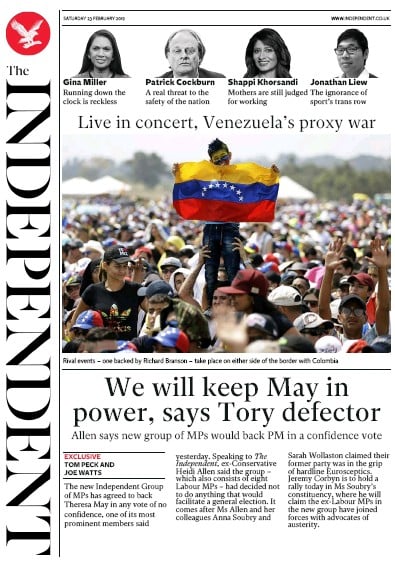 The Independent Newspaper Front Page (UK) for 23 February 2019