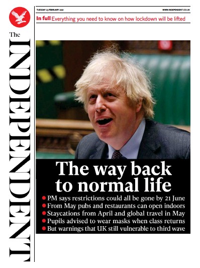 The Independent Newspaper Front Page (UK) for 23 February 2021
