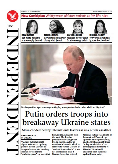 The Independent Newspaper Front Page (UK) for 23 February 2022