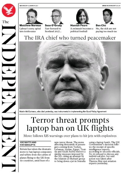The Independent Newspaper Front Page (UK) for 23 March 2017