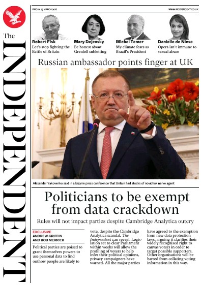 The Independent Newspaper Front Page (UK) for 23 March 2018