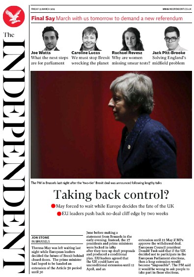 The Independent Newspaper Front Page (UK) for 23 March 2019