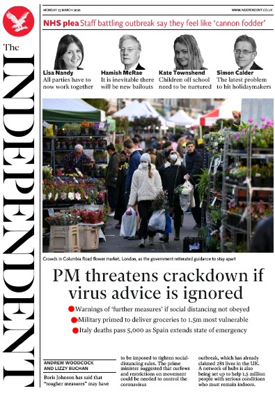The Independent Newspaper Front Page (UK) for 23 March 2020