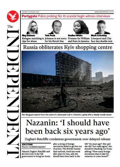 The Independent Newspaper Front Page (UK) for 23 March 2022