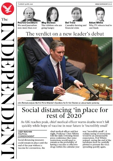 The Independent Newspaper Front Page (UK) for 23 April 2020