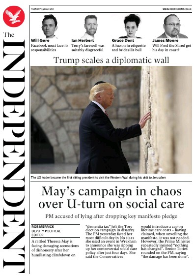The Independent Newspaper Front Page (UK) for 23 May 2017