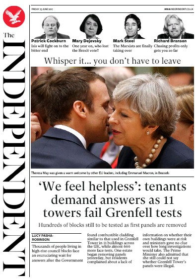 The Independent Newspaper Front Page (UK) for 23 June 2017