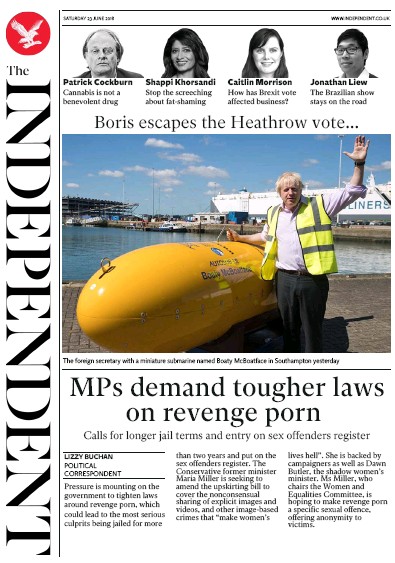 The Independent Newspaper Front Page (UK) for 23 June 2018