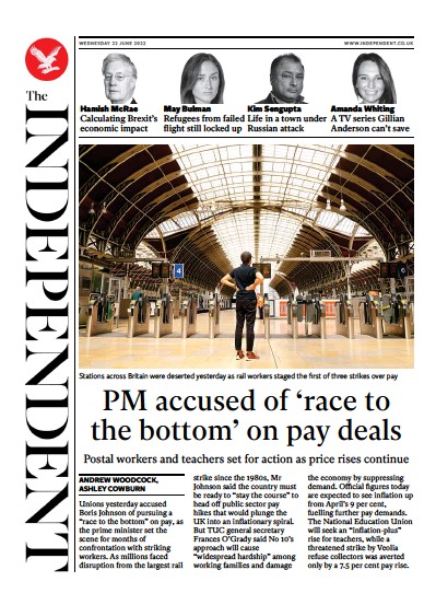 The Independent Newspaper Front Page (UK) for 23 June 2022