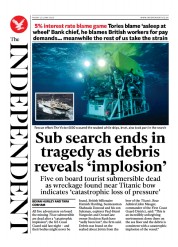 The Independent (UK) Newspaper Front Page for 23 June 2023