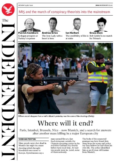 The Independent Newspaper Front Page (UK) for 23 July 2016