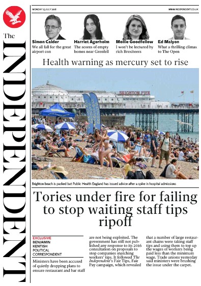 The Independent Newspaper Front Page (UK) for 23 July 2018