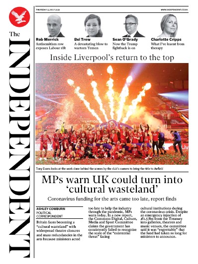 The Independent Newspaper Front Page (UK) for 23 July 2020