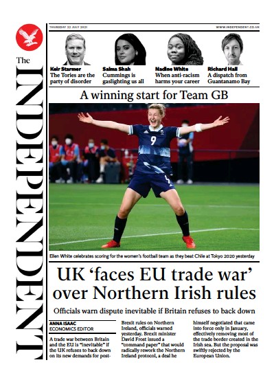 The Independent Newspaper Front Page (UK) for 23 July 2021