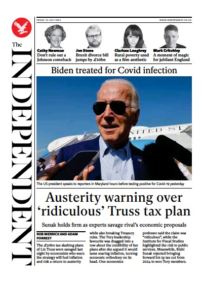 The Independent Newspaper Front Page (UK) for 23 July 2022