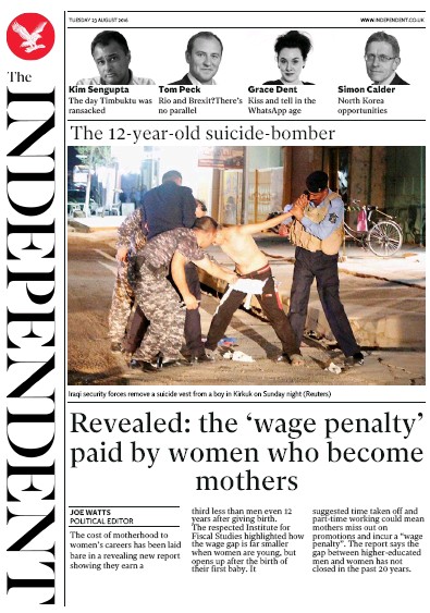 The Independent Newspaper Front Page (UK) for 23 August 2016