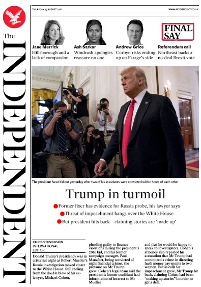 The Independent Newspaper Front Page (UK) for 23 August 2018