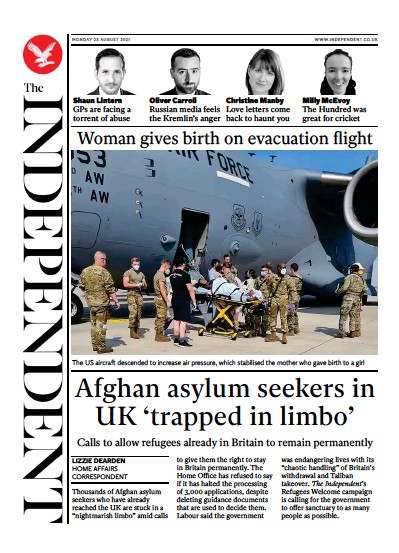 The Independent Newspaper Front Page (UK) for 23 August 2021