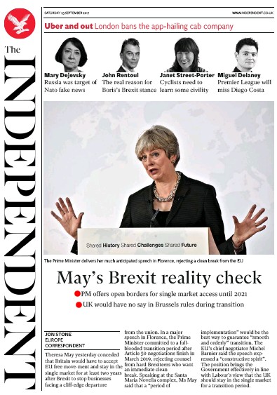 The Independent Newspaper Front Page (UK) for 23 September 2017
